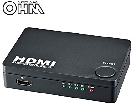 -商品名：<BR>
オーム電機 AC-S03S-K HDMIセレクター　3入力1出力<BR>
<BR>
-バイヤーのおすすめポイント：<BR>
安くて高品質の日本製HDMIセレクター！<BR>
<BR>
-商品詳細：<BR>
【 特 長 】<BR>
● 4K解像度/3D映像フル対応（Deep color 36bit）<BR>
● 3系統のHDMI入力と1系統のHDMI出力を備えています。<BR>
● 3台のHDMI出力搭載機器を一つのセレクトボタンで簡単に切り替えることができます。<BR>
● ビデオカメラなどに便利な前面入力搭載<BR>
● 大きなセレクトボタンで切替がしやすい。<BR>
<BR>
【 仕 様 】<BR>
■ 入力：HDMI×3ポート<BR>
■ 出力：HDMI×1ポート<BR>
■ HDMI端子：タイプA（19ピン）<BR>
■ 対応信号 HDMI：4K解像度、3D映像、1080p、1080i、720p、720i、480p、480i 対応<BR>
■ 外形寸法：幅110×高さ25×奥行75mm（突起物含まず）<BR>
■ 質量：約84g
<BR>

